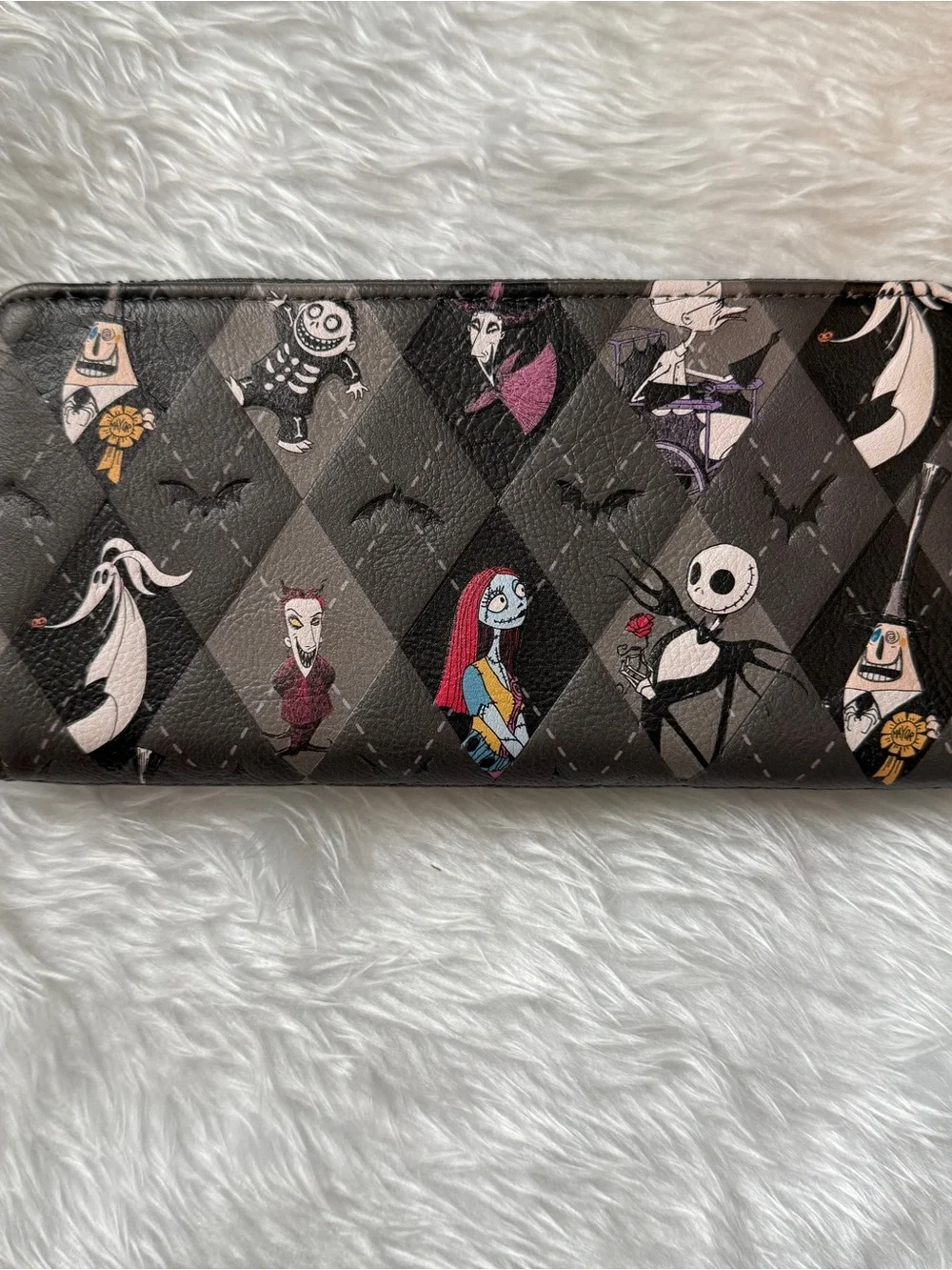 Disney Parks Loungefly Nightmare Before Christmas Gray Argyle Zip Wallet